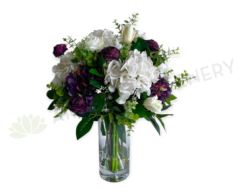 FA11127 - White & Purple Hydrangea & Roses Floral Arrangement (60cm Height) REF: Paula | ARTISTIC GREENERY- high quality faux floral arrangement with water gel