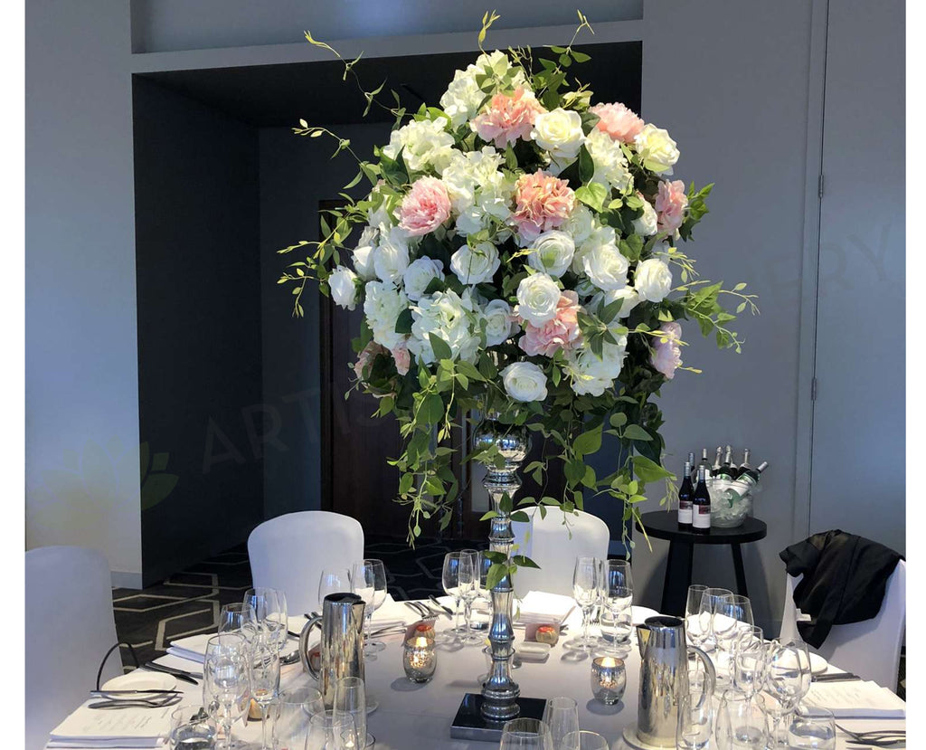 For Hire White & Pink Centrepiece in Trumpet Vase for Wedding Guest Table Decor Hire Perth