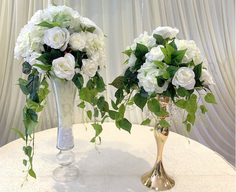 For Hire - White Centrepiece with Greenery on Gold Stand 70cm Tall (Code: HI0023) | ARTISTIC GREENERY