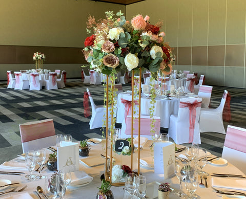 For Hire - Dusty Pink and Burgundy Grand Floral Centrepiece on Gold Stand 100cm (Code: HI0034GUEST) | ARTISTIC GREENERY