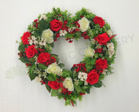 Heart Shaped Floral Wreath (Red & White) 40cm 70cm/ Love Heart Wreath Silk Floral flower wreath Perth Australia / Sympathy Gravestone flowers | ARTISTIC GREENERY