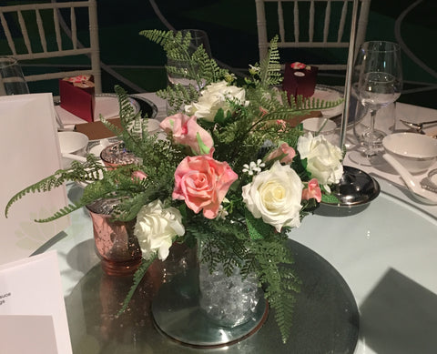 For Hire - Small Guest Table Centrepiece / Flower Arrangement - Pink & White Roses in Mason Jar (Reference: Cecilia)