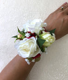 Corsage & Buttonhole - White Roses with Burgundy Ribbons - CB0010 - $56/set