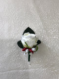 Corsage & Buttonhole - White Roses with Burgundy Ribbons - CB0010 - $56/set