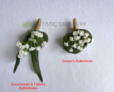 Boutonniere - Synthetic Native Flower Bouquets - White and Burgundy - Courtney F | ARTISTIC GREENERY Wedding Flowers