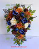 Teardrop Bouquet - Orange / Blue / Brown / Cream - Carmen H (incl Flower Girl Ring / Hoop, Floral Cake Topper etc.) | ARTISTIC GREENERY - Perth's leading silk flowers for weddings WA