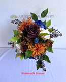 Teardrop Bouquet - Orange / Blue / Brown / Cream - Carmen H (incl Flower Girl Ring / Hoop, Floral Cake Topper etc.) | ARTISTIC GREENERY - Perth's leading silk flowers for weddings WA