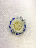 Corsage - Real Touch White Rose with Blue Organza Ribbons - Juanita