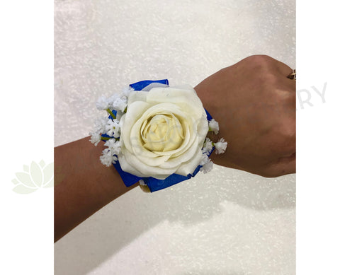 Corsage - Real Touch White Rose with Blue Organza Ribbons - Juanita