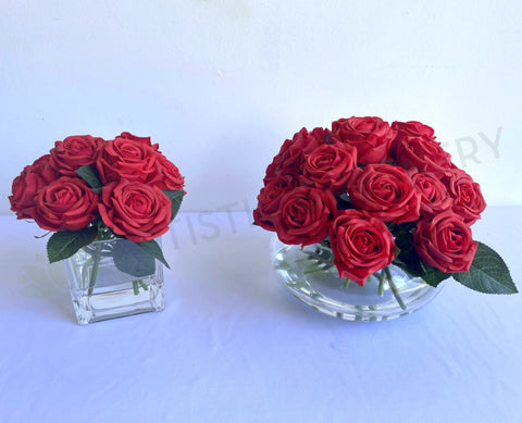 FA1123 - Deluxe Red Roses Arrangement (Real Touch Quality) in Acrylic Water 2 Sizes | ARTISTIC GREENERY