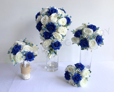 Cascade Teardrop Wedding Bouquet - White & Blue - Kelly P - custom made wedding bouquet Australia | ARTISTIC GREENERY