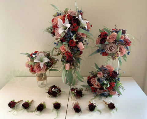 Teardrop Bouquet - Burgundy Dusty Pink & Blue - Kelsi C | ARTISTIC GREENERY