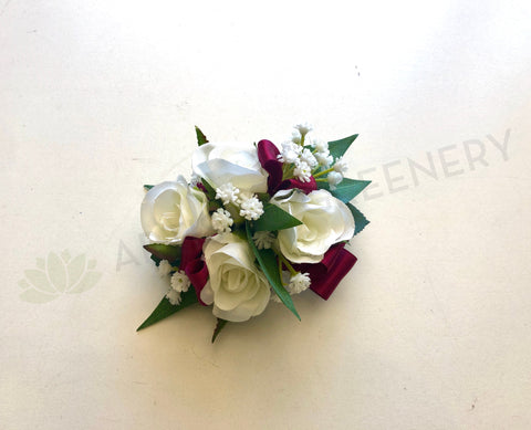 Corsage - White Roses & Baby's Breath with Burgundy Ribbons - Madison B