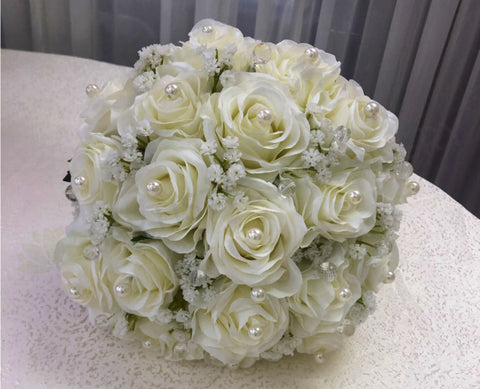 Round Bouquet - White with Pearl & Clear Crystal Balls - Nof H