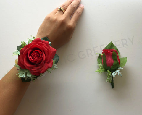 Corsage & Buttonhole - Red Rose with Greenery - CB0016 - $53/set
