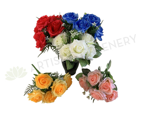 SP0104 Silk Rose Bunch 5 Flowers 25cm 5 Colours Red White Blue Yellow Pink | ARTISTIC GREENERY