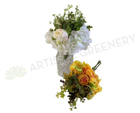 SP0330 Silk Hydrangea & Rose Bouquet 30cm 2 Colours Yellow White | ARTISTIC GREENERY
