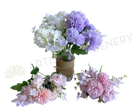 SP0349N Silk Flowers Pastel Colour Mixed Flower (Hydrangea & Pom Pom Flowers) Bunch 30cm 4 Colours | ARTISTIC GREENERY