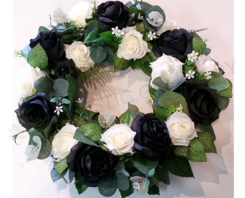 Black & White Rose Floral Wreath 30cm / 40 / 50cm - SYM0035
