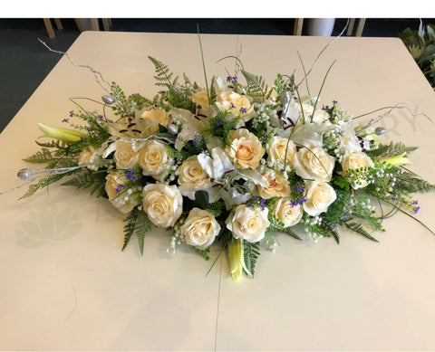 White & Silver Casket Spray / Memorial Flowers 70cm & 100cm Long - SYM0036