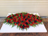 SYM0044 (Desiree) - Black & Red Memorial Flowers / Casket Spray / Graveside Flowers 90cm / 140cm Long | ARTISTIC GREENERY