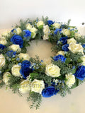 Blue & White Rose Floral Wreath 30cm / 40 / 50cm - SYM0045