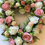 Pink & White Silk Rose Floral Wreath (Heart Shape) 40cm / 70cm - SYM0047HEART / Sympathy Gravestone flowers