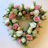 Pink & White Silk Rose Floral Wreath (Heart Shape) 40cm / 70cm - SYM0047HEART / Sympathy Gravestone flowers