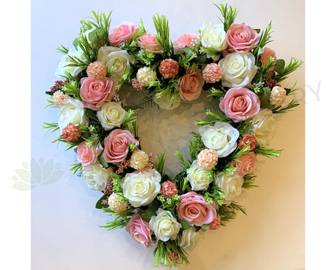 Pink & White Silk Rose Floral Wreath (Heart Shape) 40cm / 70cm - SYM0047HEART / Sympathy Gravestone flowers