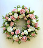 Pink & White Rose Silk Floral Wreath 30cm / 40 / 50cm - SYM0047 | ARTISTIC GREENERY Perth WA Australia / Sympathy Gravestone flowers