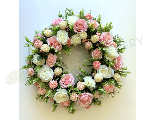 Pink & White Rose Silk Floral Wreath 30cm / 40 / 50cm - SYM0047 | ARTISTIC GREENERY Perth WA Australia / Sympathy Gravestone flowers