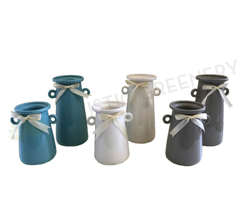 Ceramic Jar with Ribbon Avail in 2 Sizes 3 Colours - (CERJARRIB)