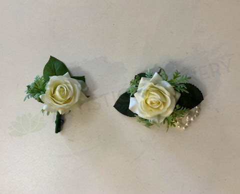 Corsage & Buttonhole - White Rose with Greenery - CB0018 - $53/set