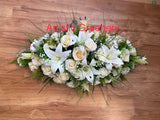 White & Silver Casket Spray / Memorial Flowers 70cm & 100cm Long - SYM0036